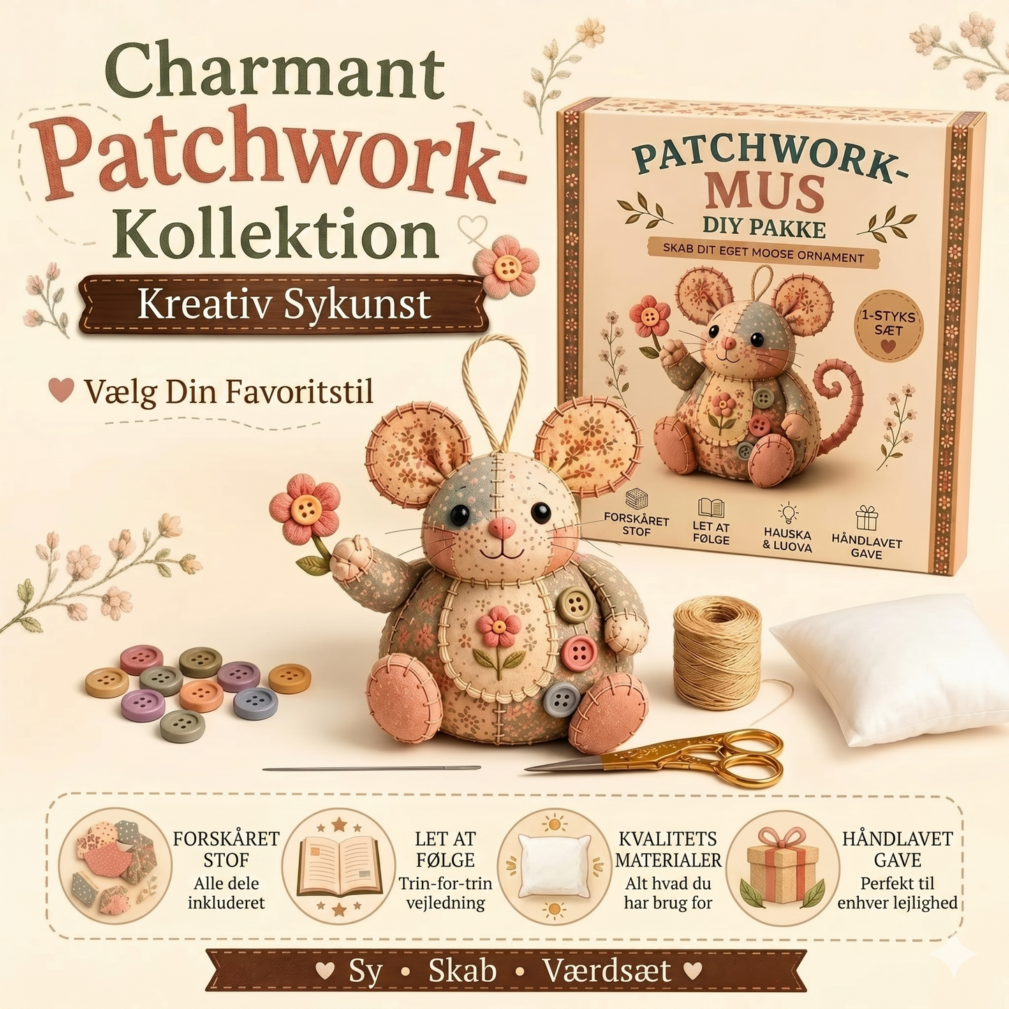 Komplet DIY-sæt til en patchwork-mus - Inklusive alle materialer