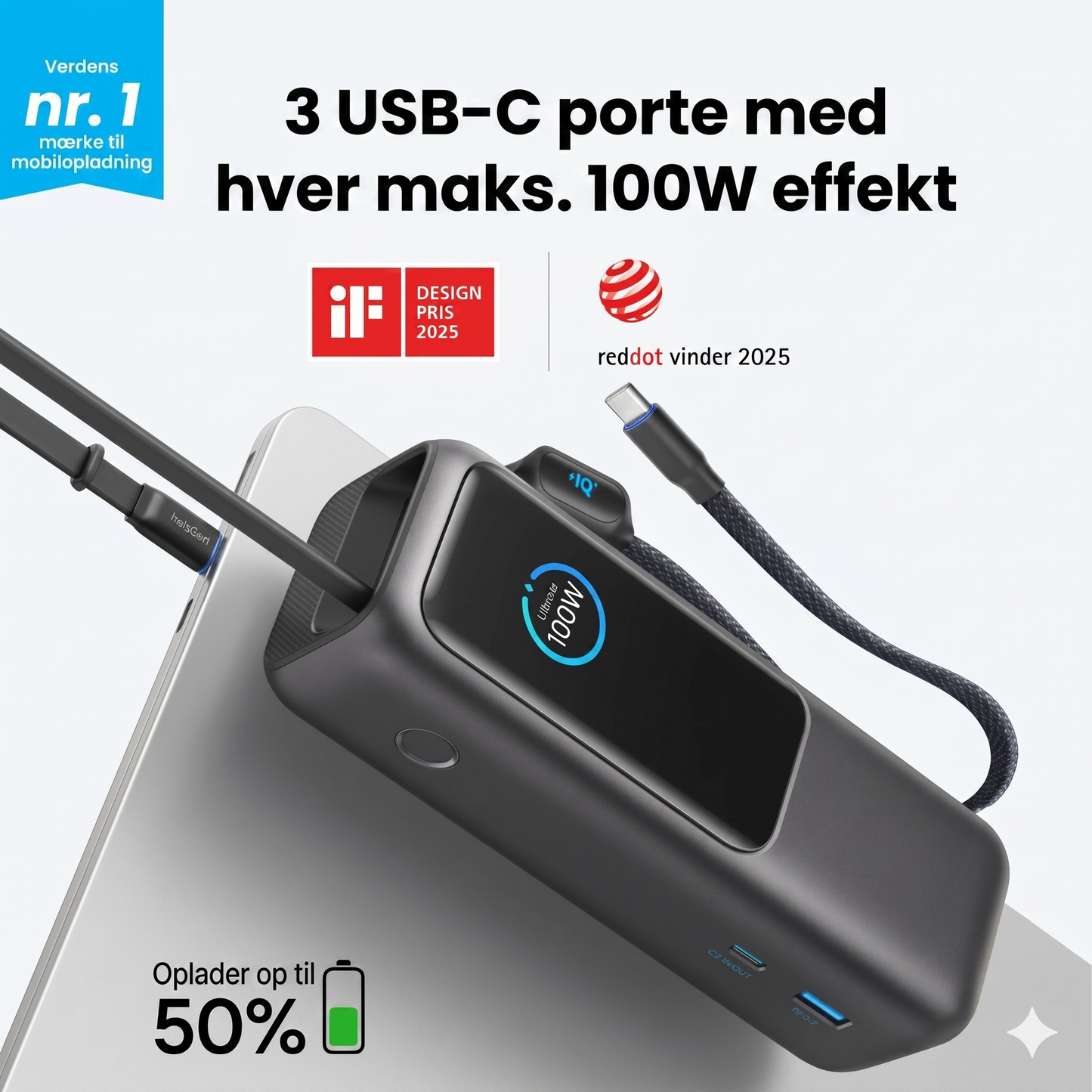 Powerbank med indbygget kabel