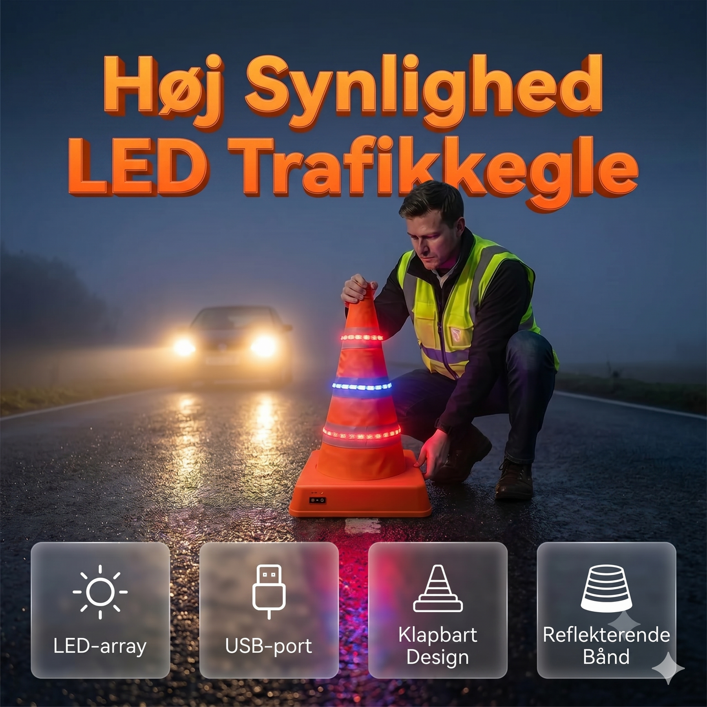Sammenklappelig reflekterende trafikkegle lavet af højkvalitets og vandafvisende Oxford-stof