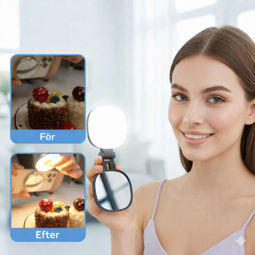 3-i-1 telefonstativ, spejl og magnetisk selfie-lys