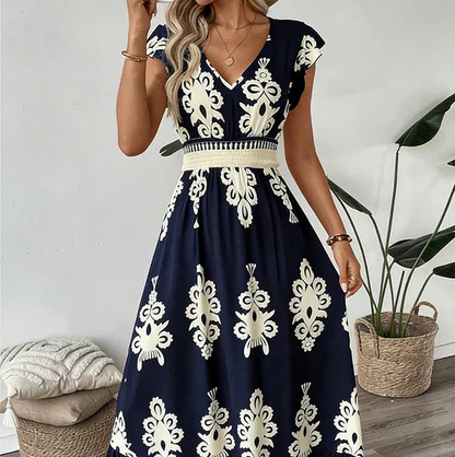 Elegant kjole med V-hals & barokprint