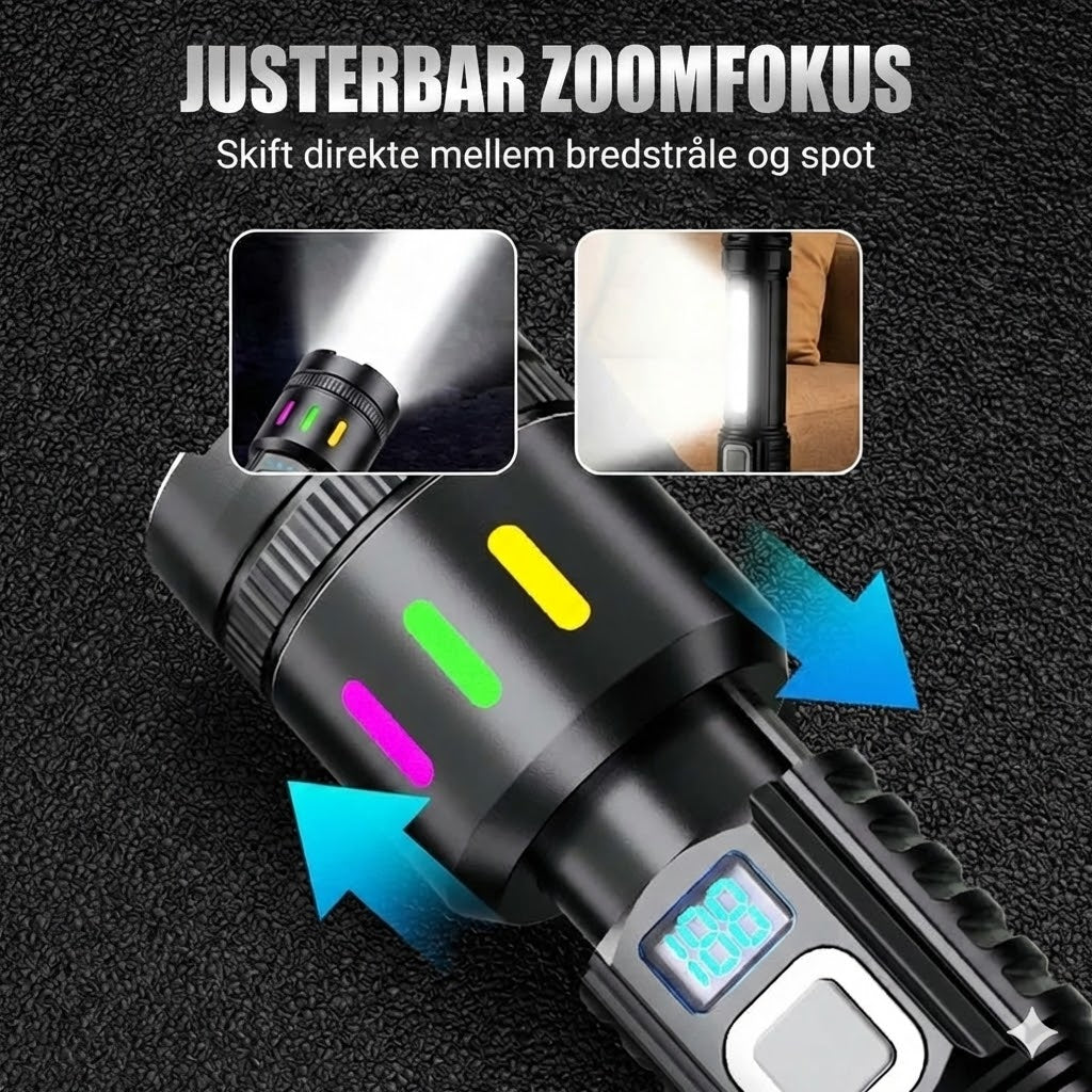 LED-lommelygte med digitalt display og zoom