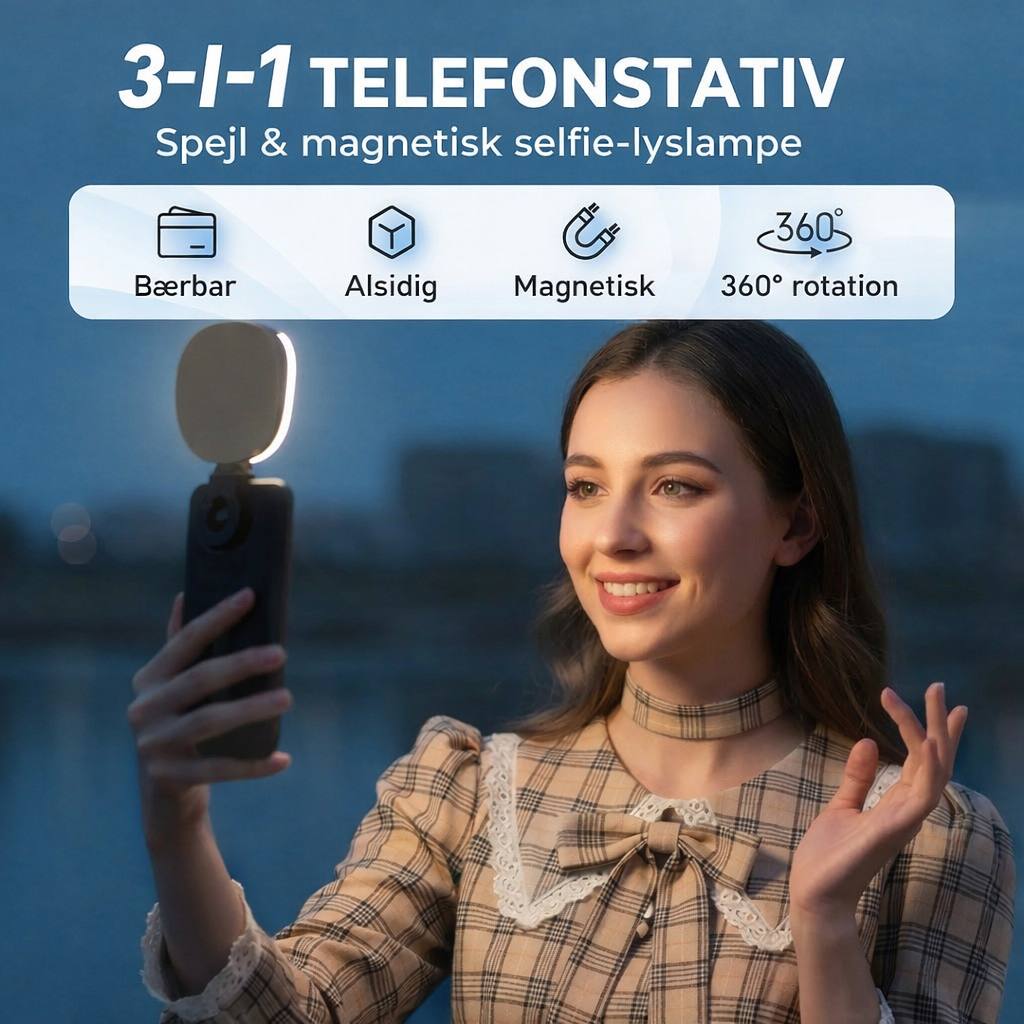 3-i-1 telefonstativ, spejl og magnetisk selfie-lys