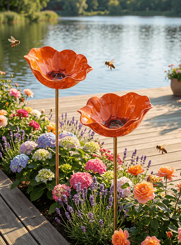 Dekorativ håndlavet metal fuglefoderautomat i blomsterform