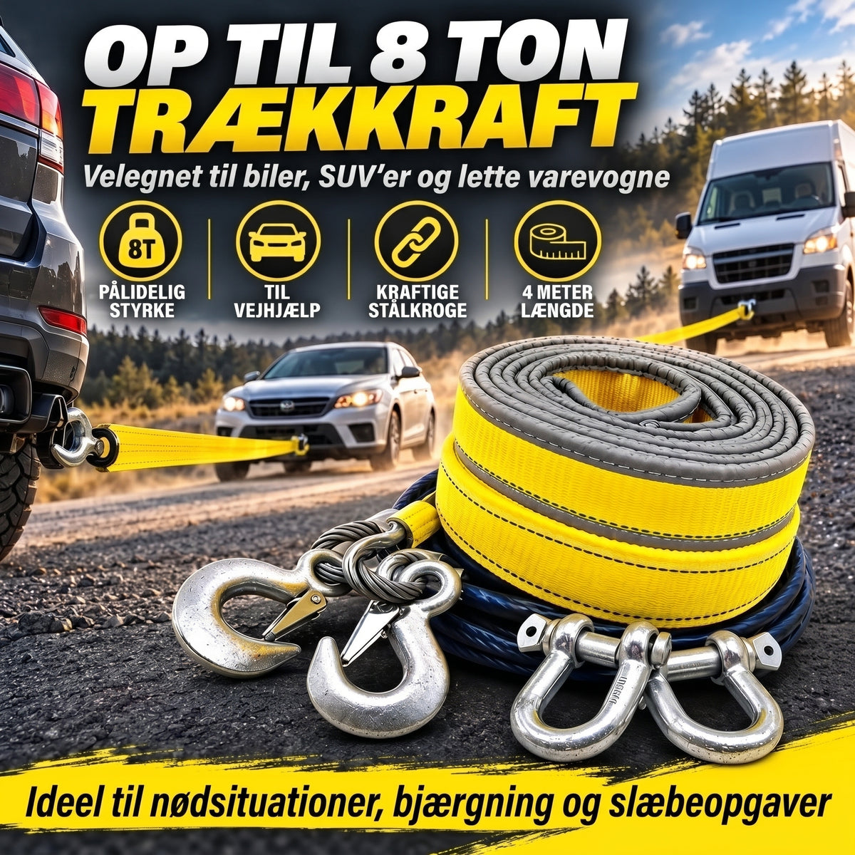 Trækrem 8 ton 4 meter med U-formede sjækelkroge