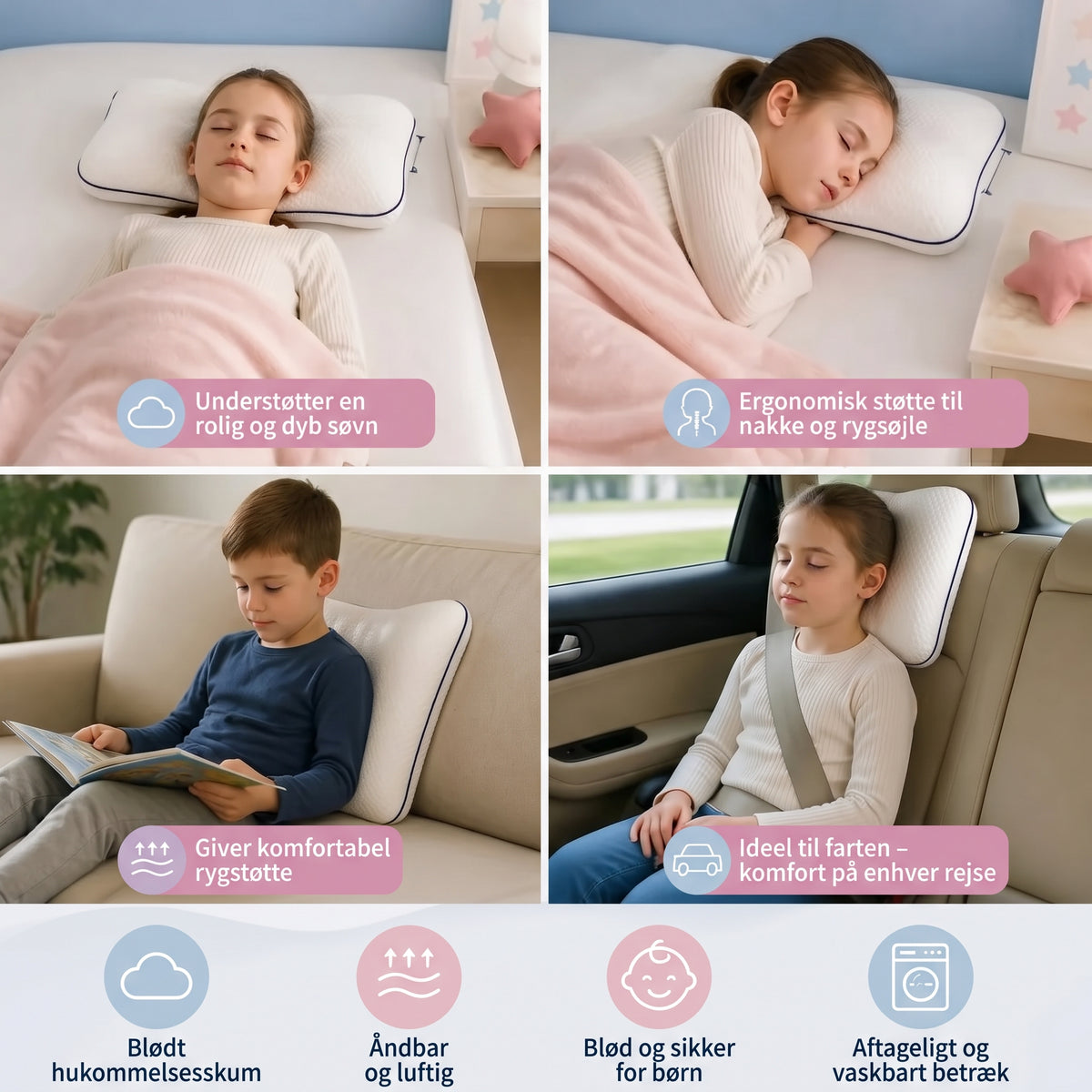 Ergonomisk børnepude i memory foam med nakkestøtte
