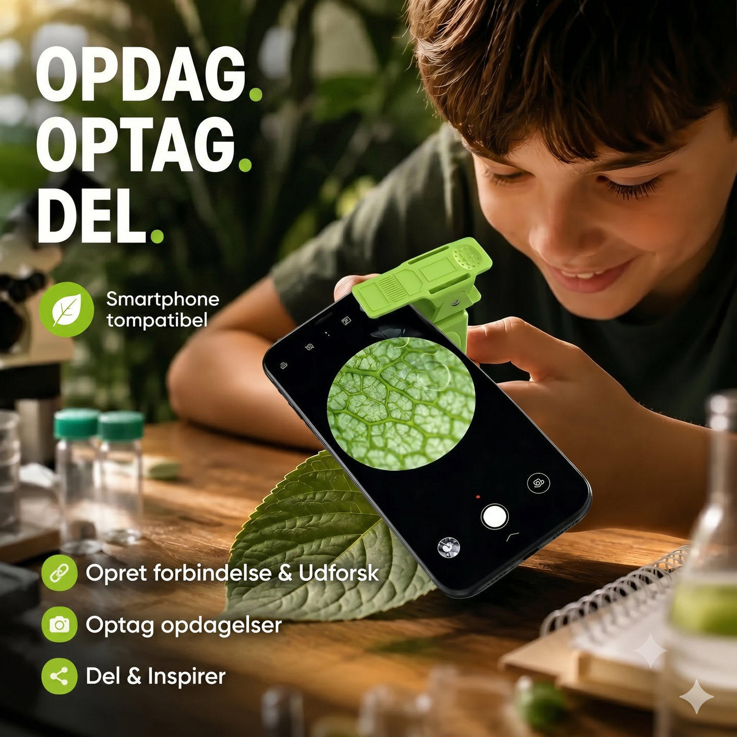 Bærbart pædagogisk mikroskop med telefonholder til børn