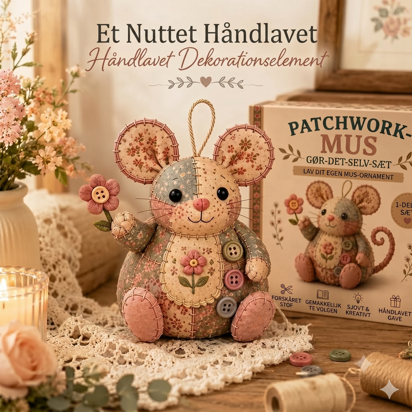 Komplet DIY-sæt til en patchwork-mus - Inklusive alle materialer