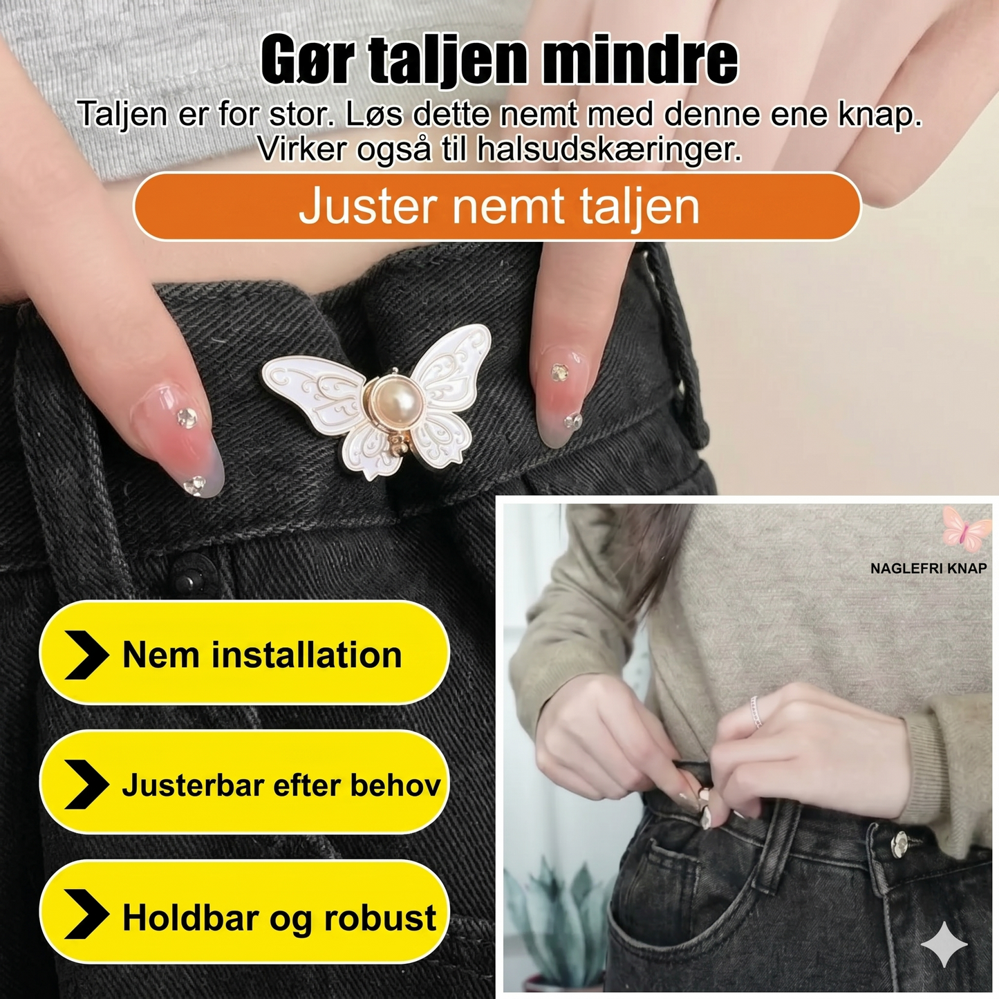Aldrig mere bukser, der falder ned! Aftageligt sommerfuglespænde