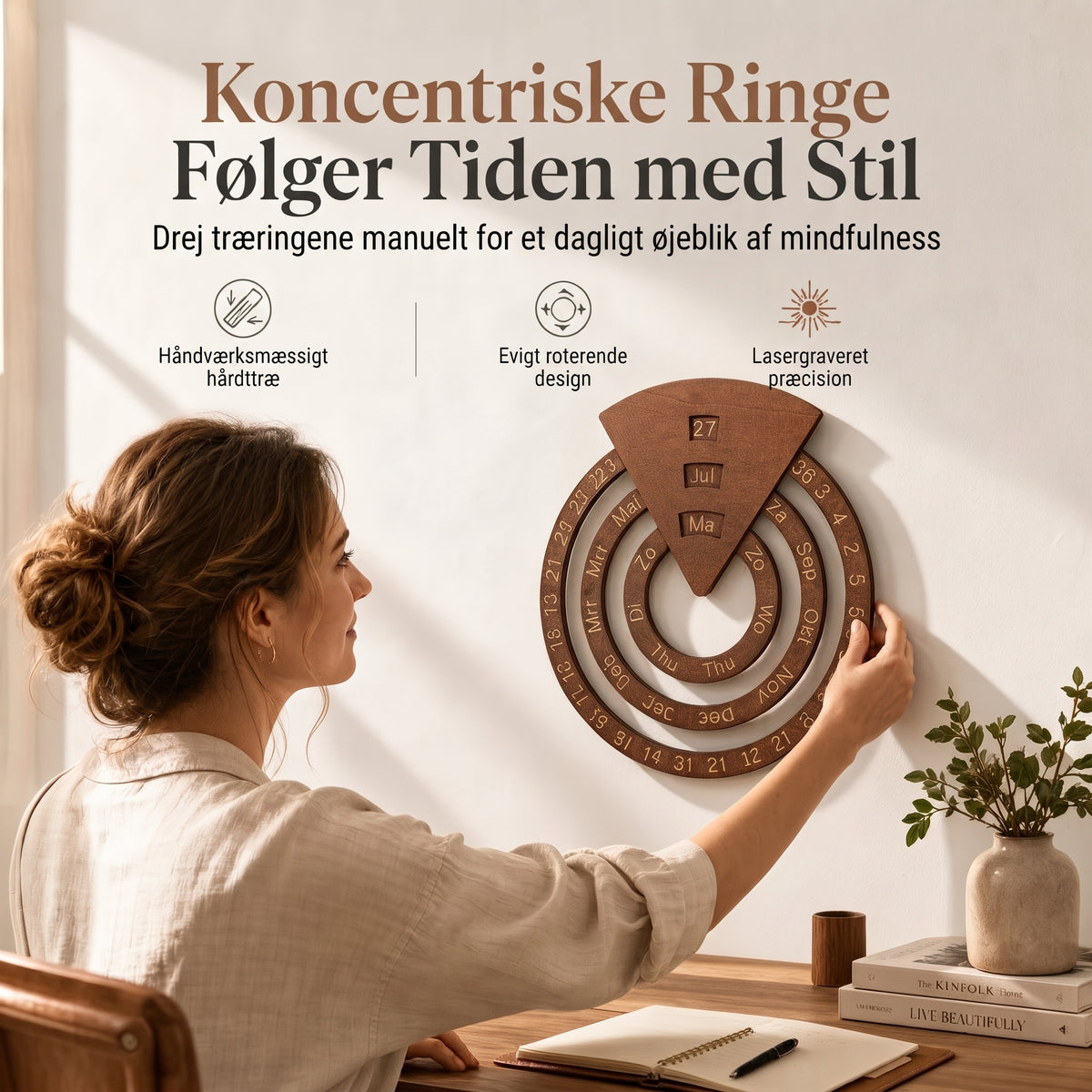 Rund drejelig evighedskalender i træ