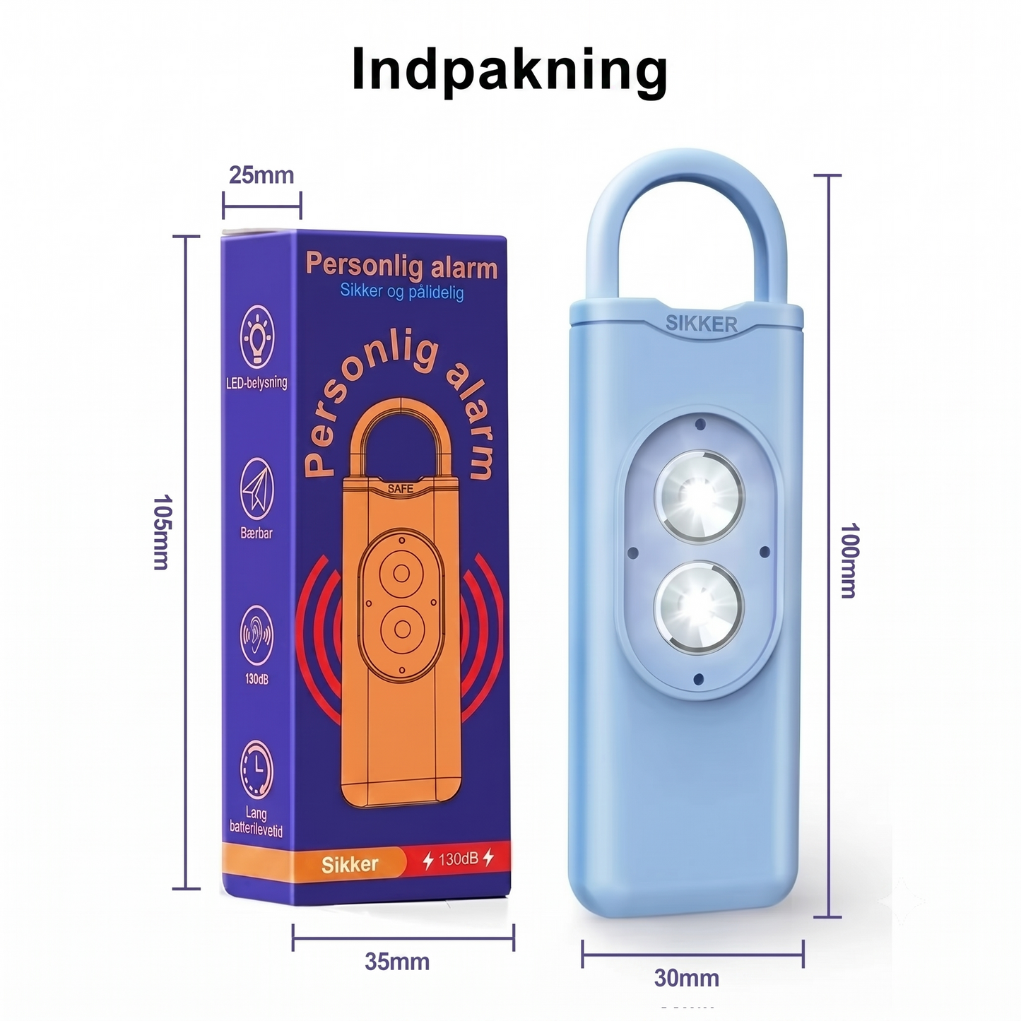 Genopladelig personlig alarm med lommelygte og 130 dB sirene