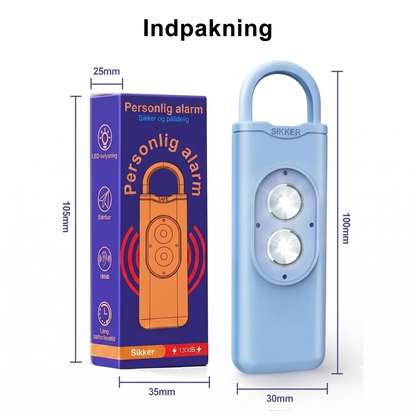 Genopladelig personlig alarm med lommelygte og 130 dB sirene