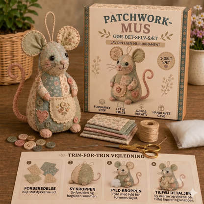 Komplet DIY-sæt til en patchwork-mus - Inklusive alle materialer