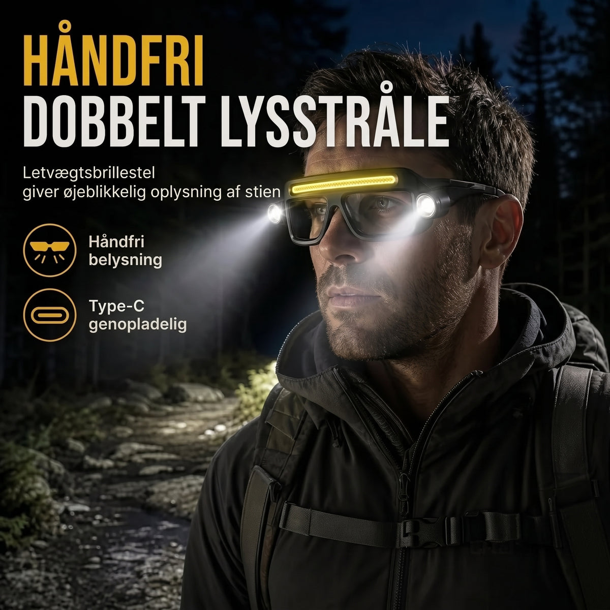 Genopladelig LED pandelampe i brillemodel med bevægelsessensor