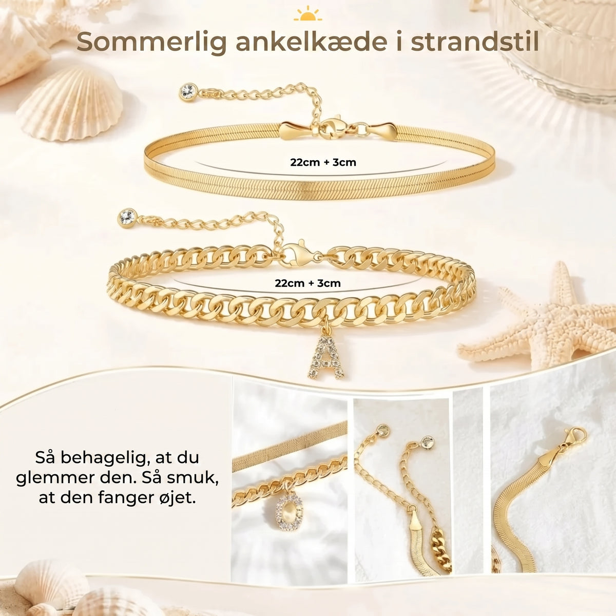 Gyldne ankelkæder med initial sæt med 2 stk.