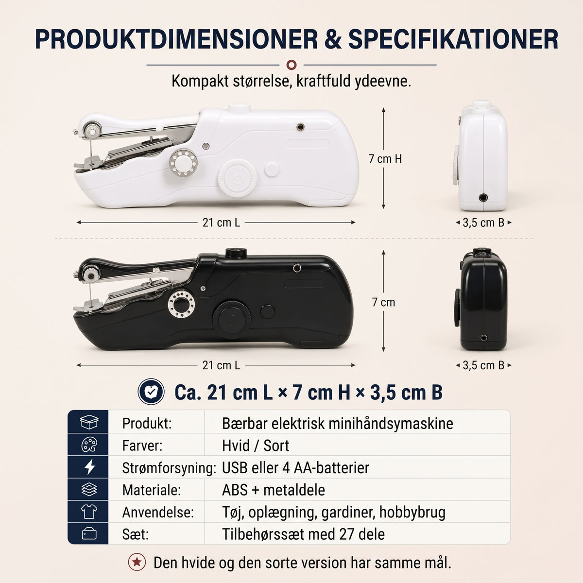 Kompakt elektrisk symaskine til små syopgaver