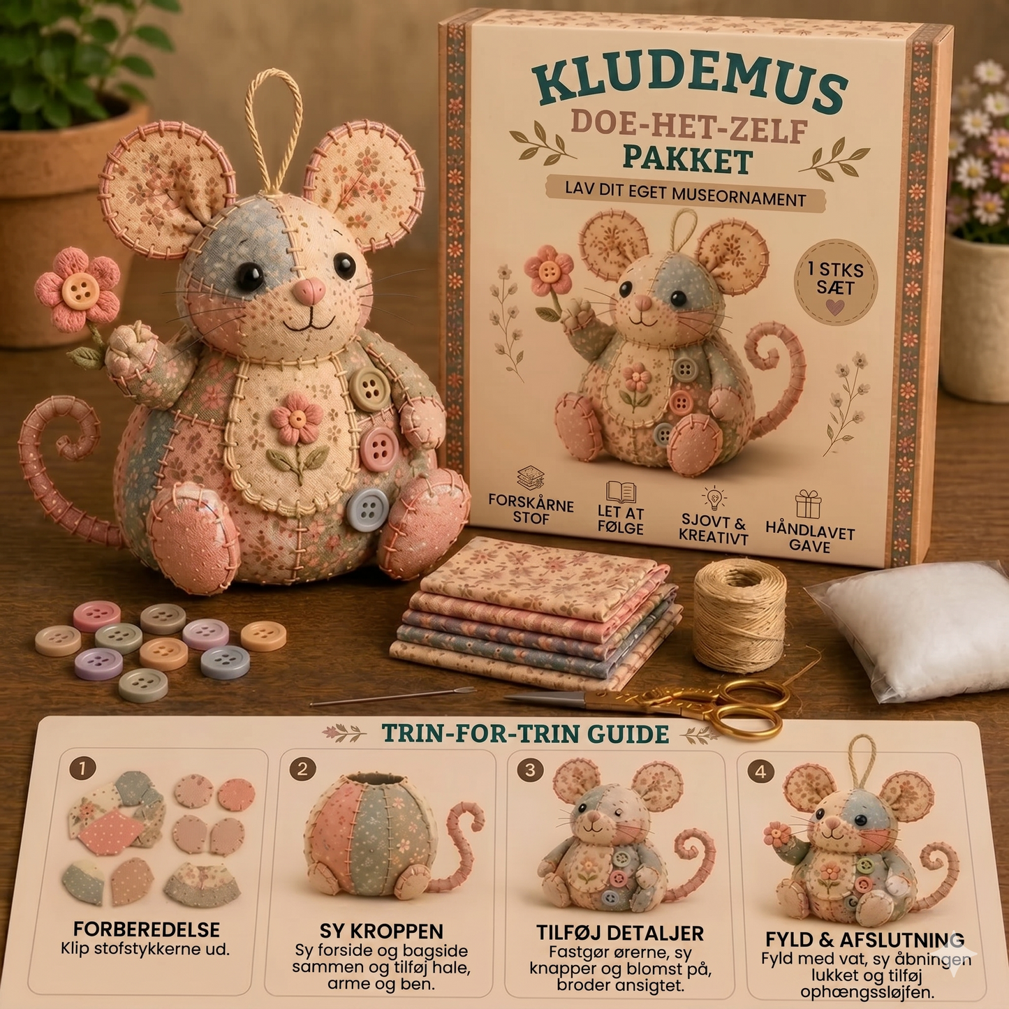 Komplet DIY-sæt til en patchwork-mus - Inklusive alle materialer