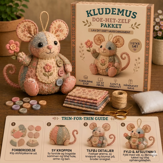 Komplet DIY-sæt til en patchwork-mus - Inklusive alle materialer