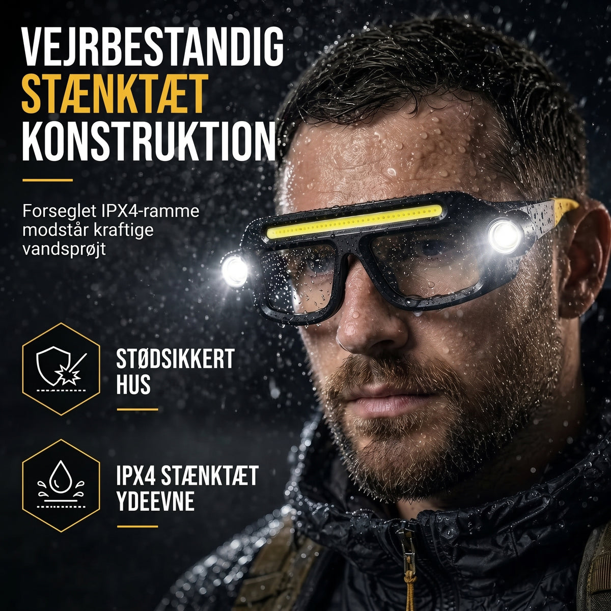 Genopladelig LED pandelampe i brillemodel med bevægelsessensor