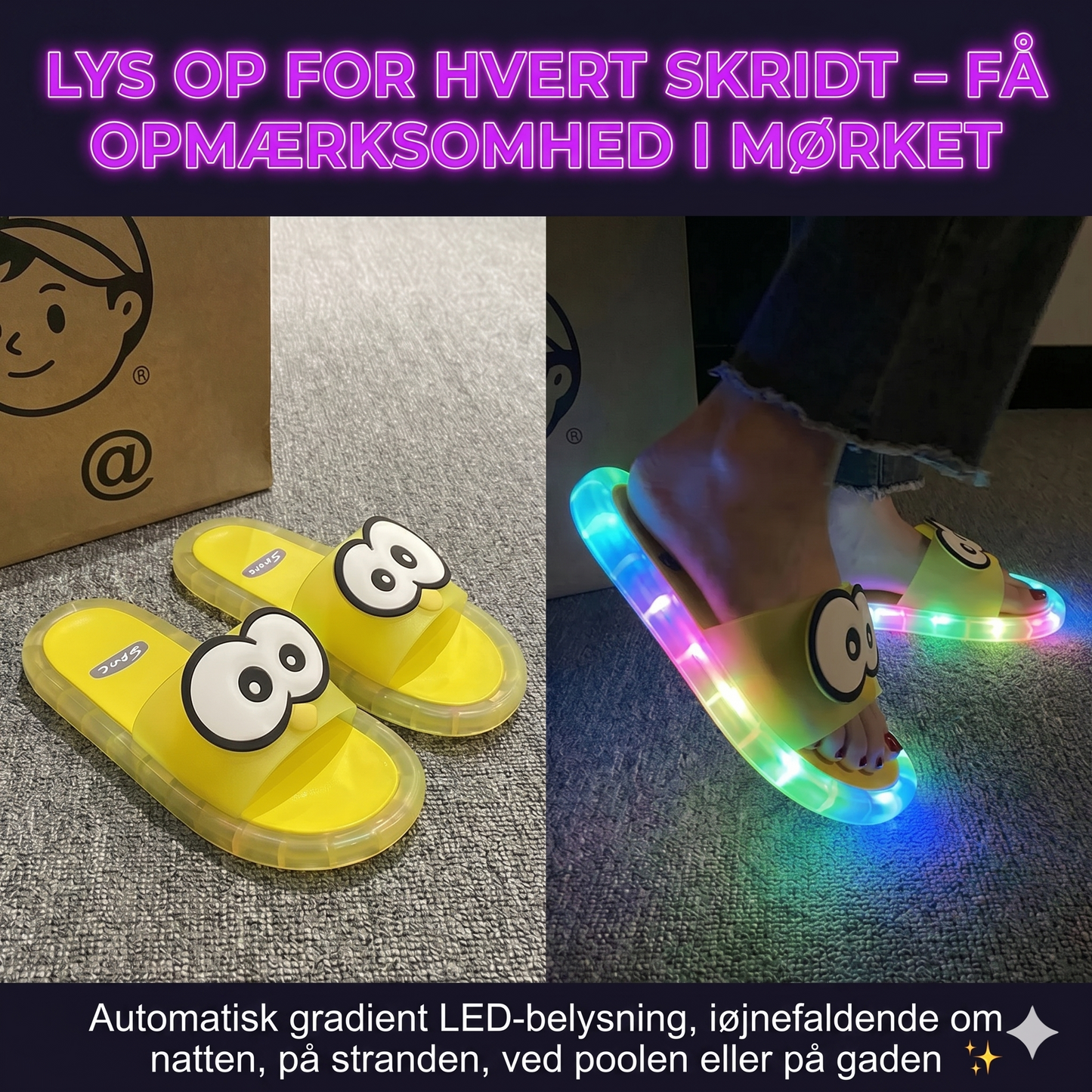 Søde tøfler med tegneseriemotiver, der lyser op