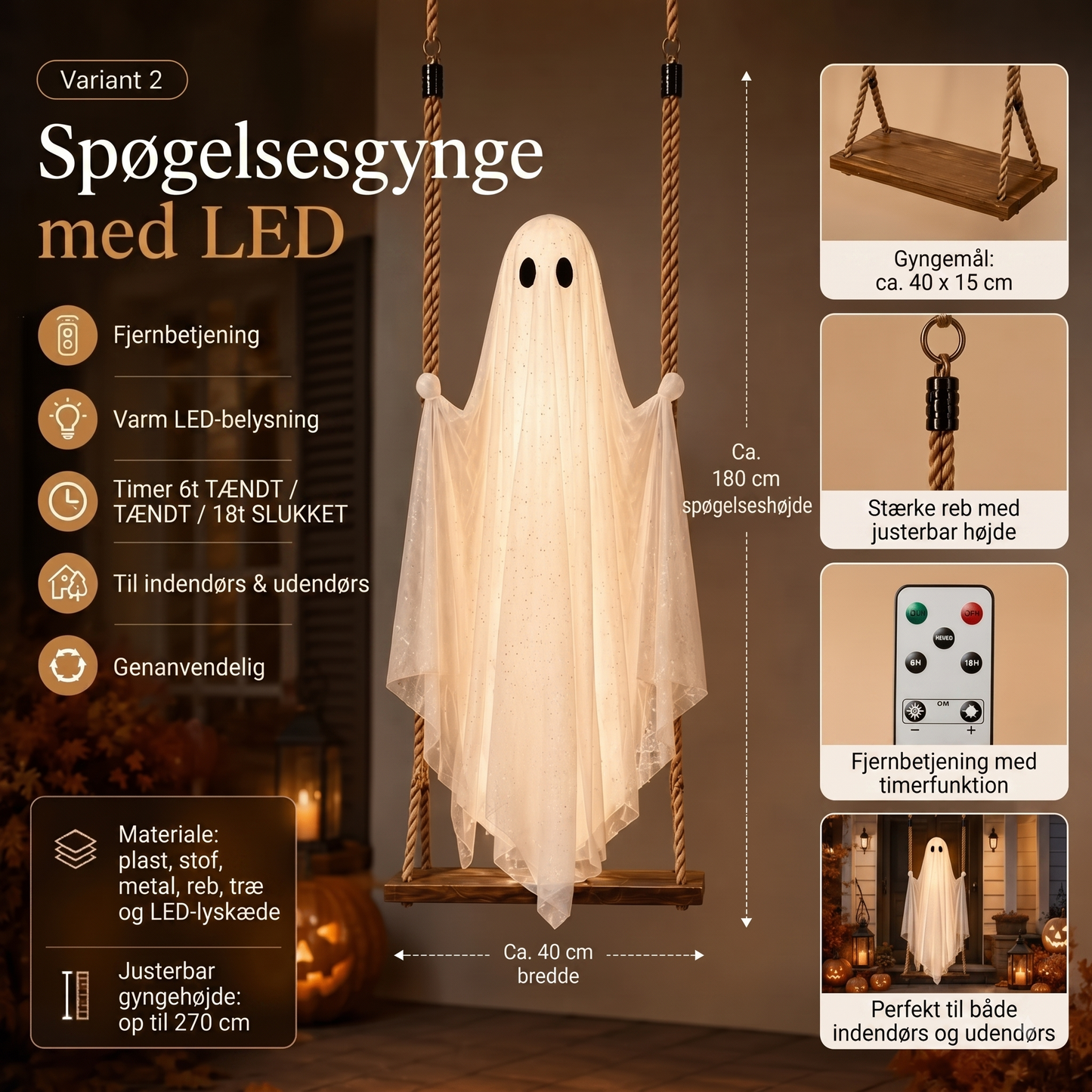 Hængende spøgelsesgynge med LED-belysning til Halloween