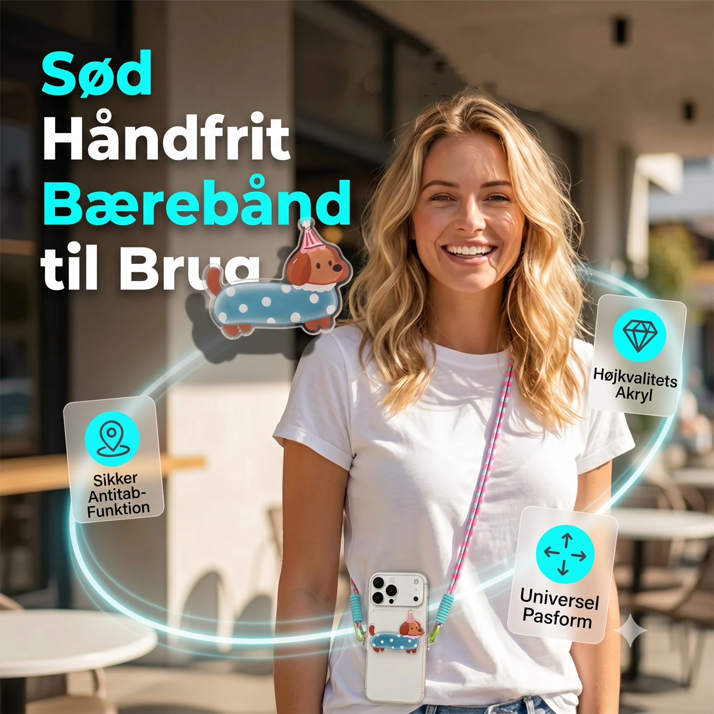 Telefonclips med tegnehjulsdyr og håndledsrem