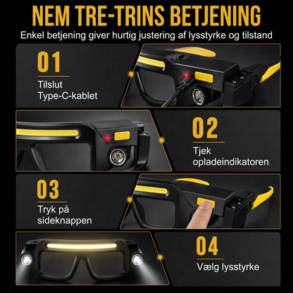 Genopladelig LED pandelampe i brillemodel med bevægelsessensor