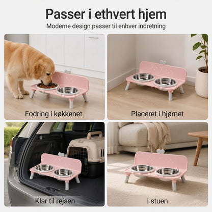 Hævet dobbelt foderskål til katte og hunde med skåle i rustfrit stål