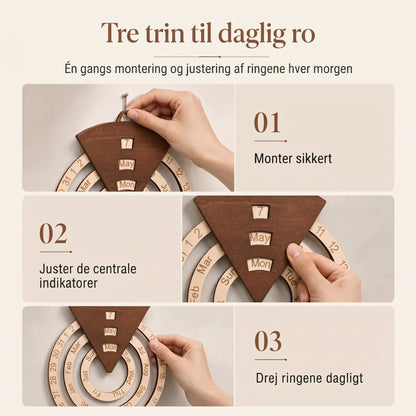 Rund drejelig evighedskalender i træ