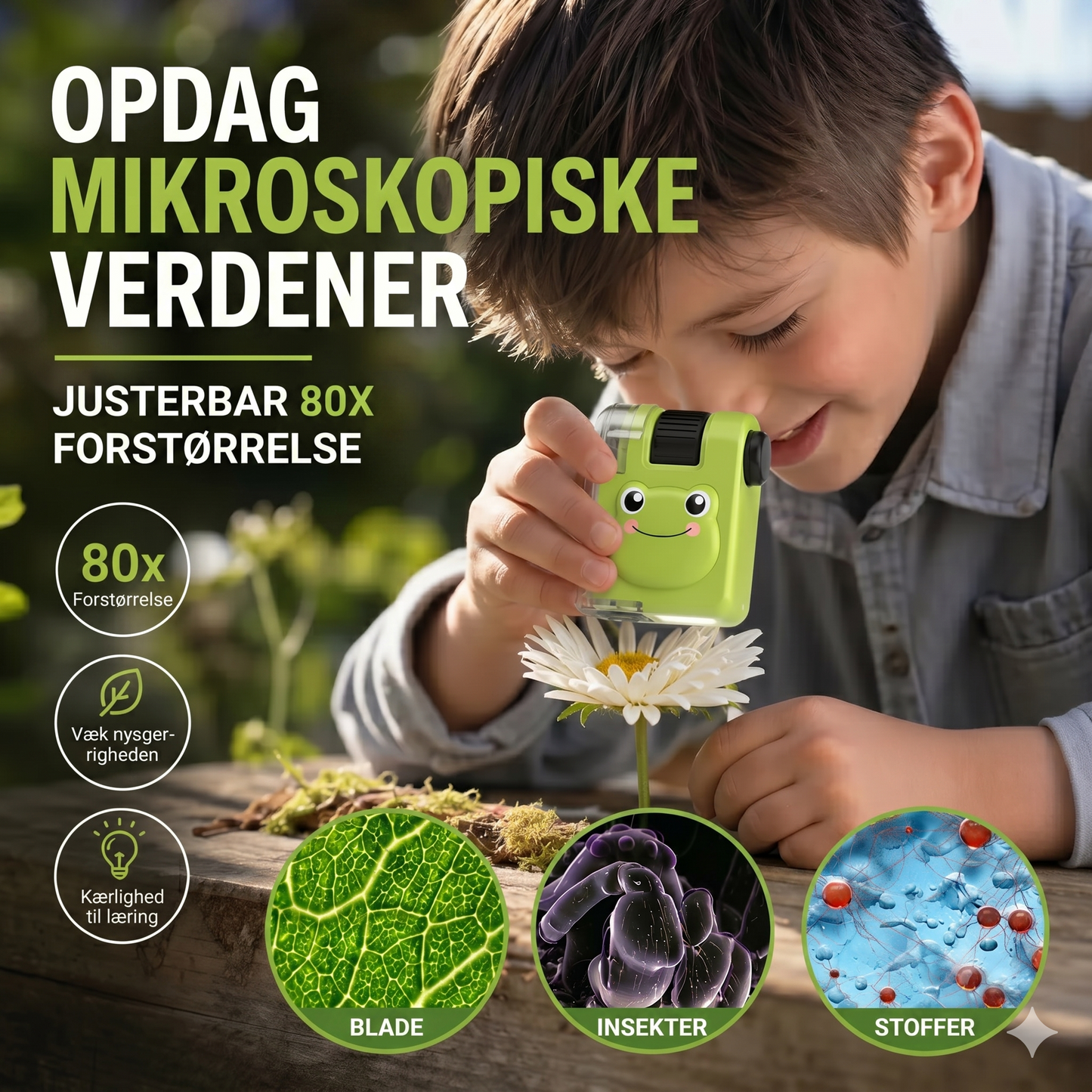 Bærbart pædagogisk mikroskop med telefonholder til børn