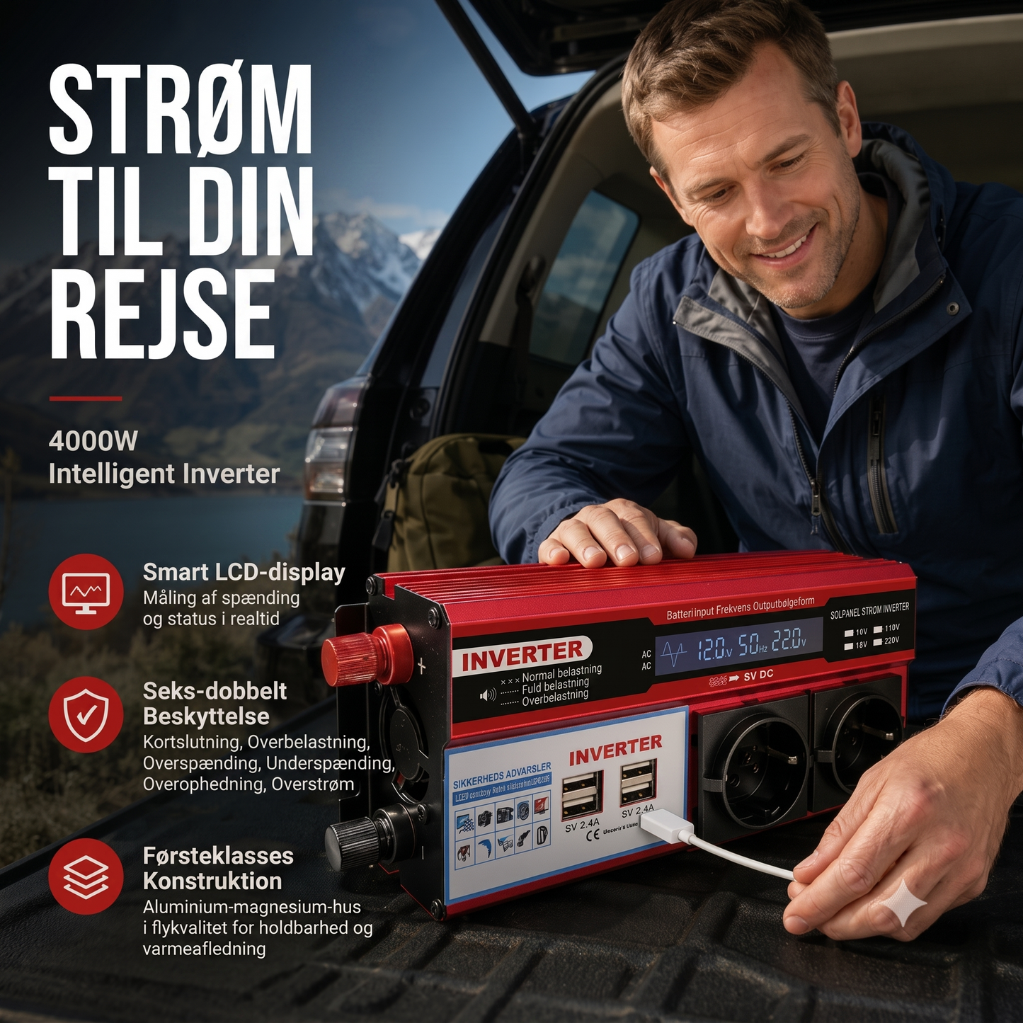 Bilinverter 12 V til 230 V