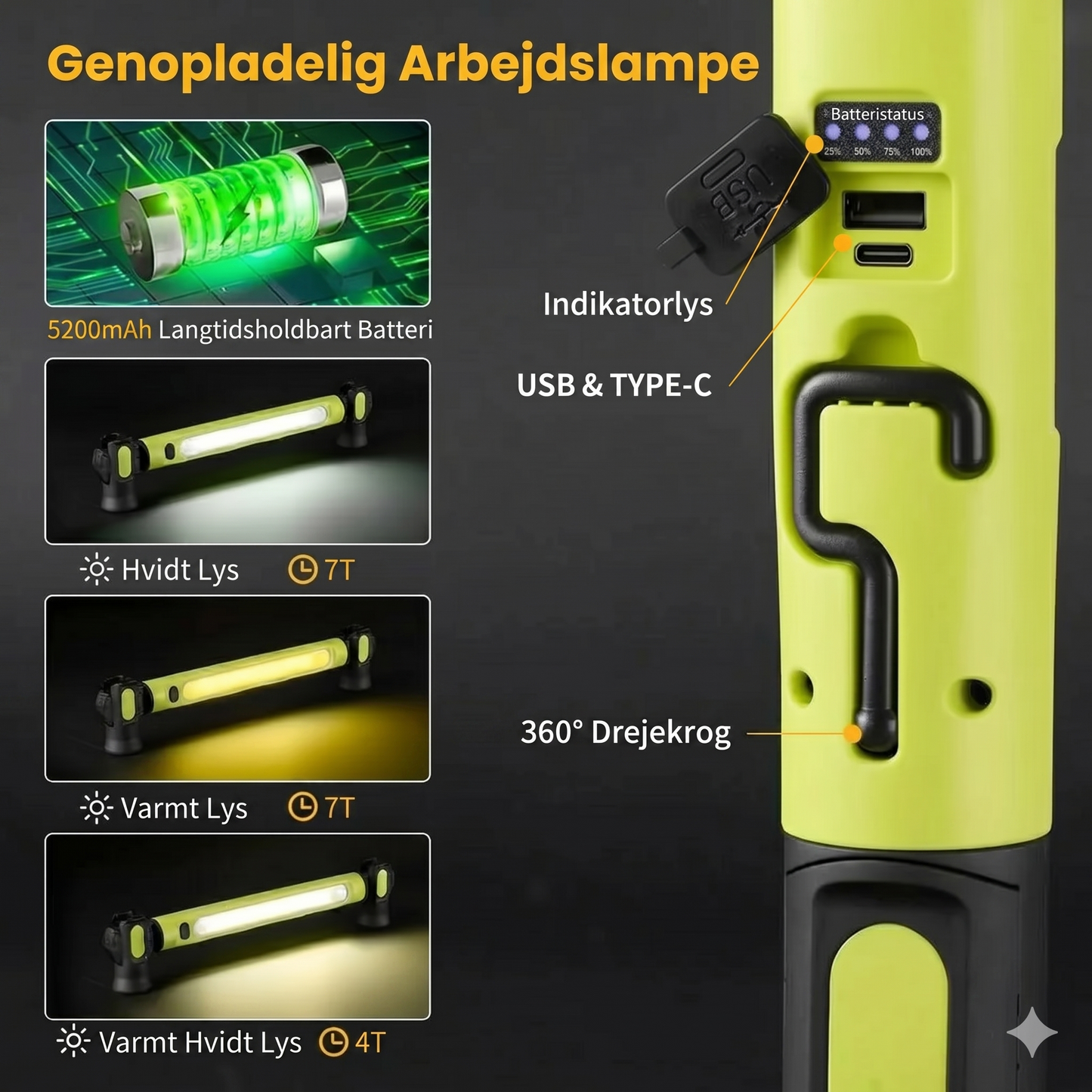 Genopladelig arbejdslysstang – 3000LM, IPX4 vandtæt & 360° krog!