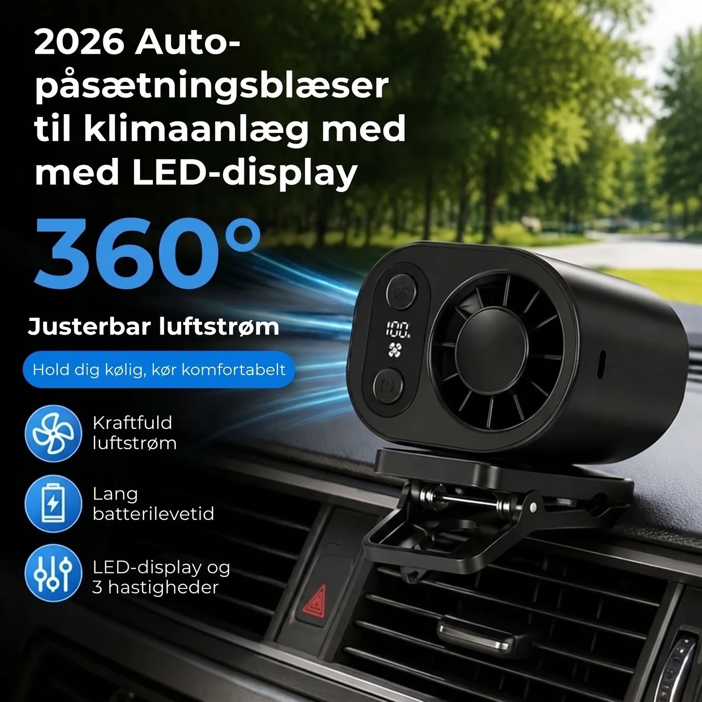 Genopladelig bilventilator med clips