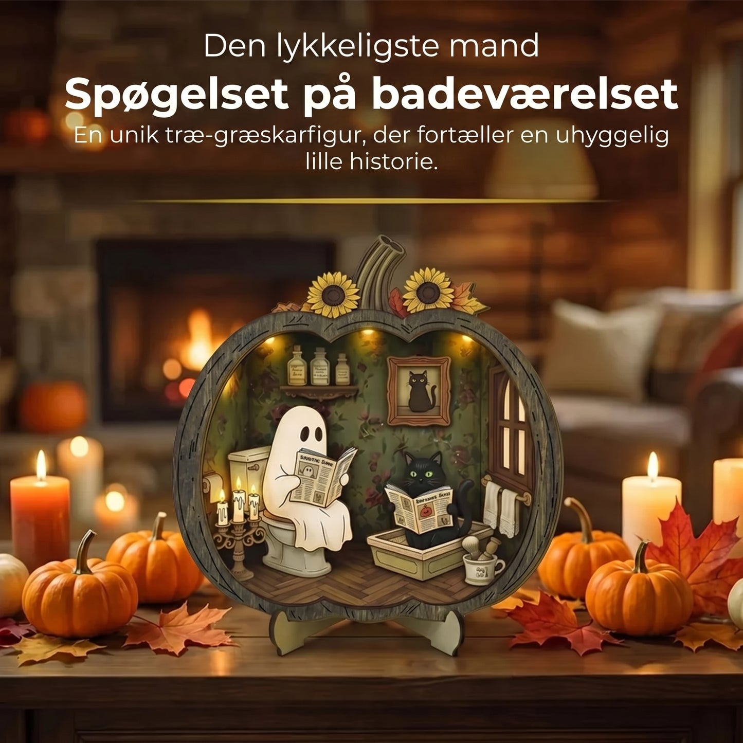 Halloween græskardekoration i træ med LED