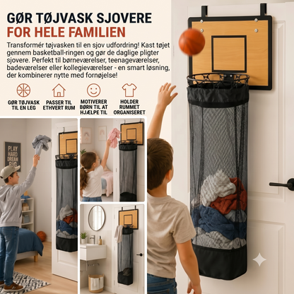 Vasketøjskurv til døren med basketballkurv