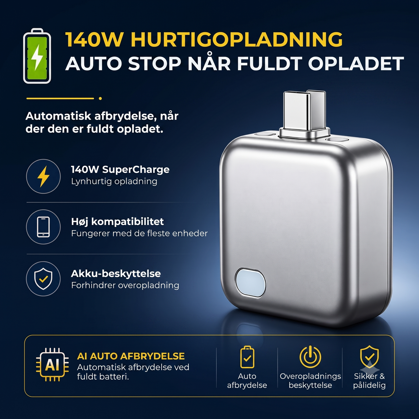 Opladerblok med automatisk slukning og overopladningsbeskyttelse