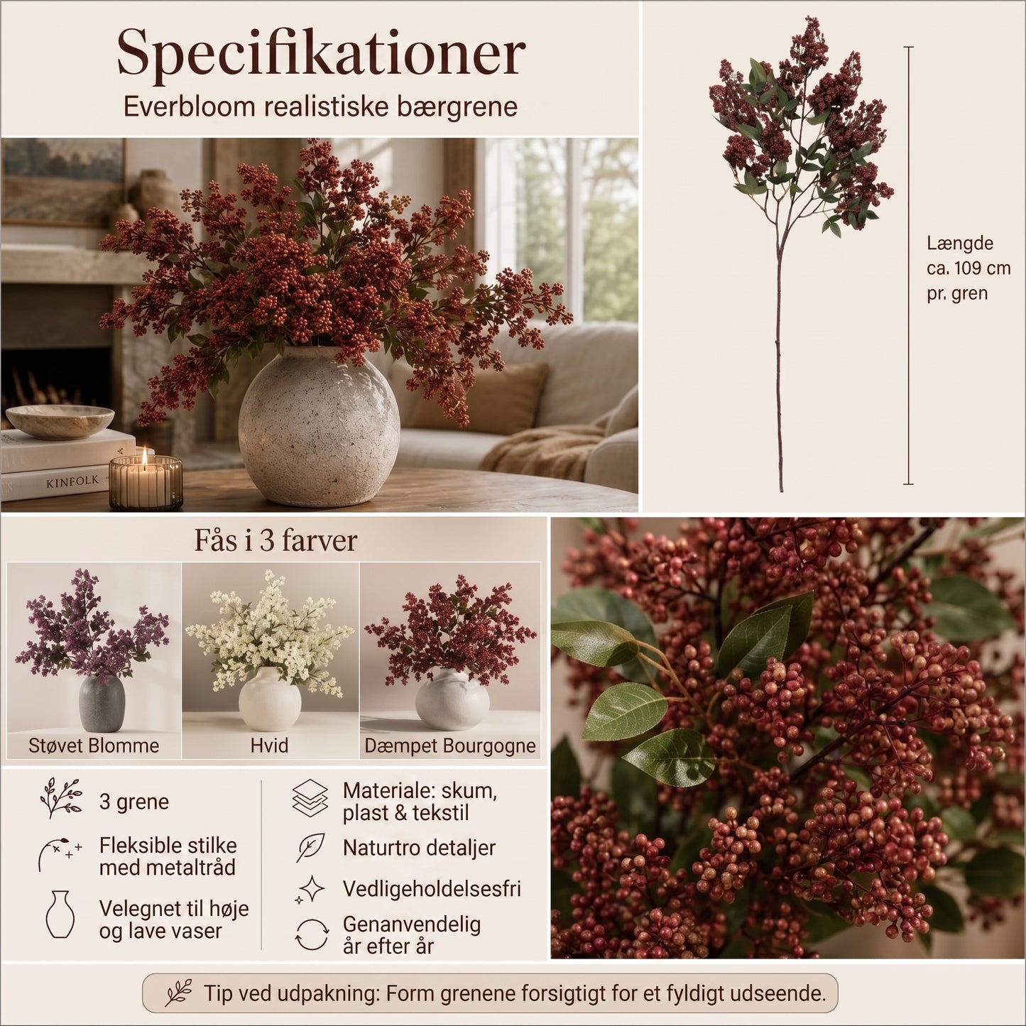 Everbloom naturtro bærgrene til efterårsdekoration sæt med 3 stk.