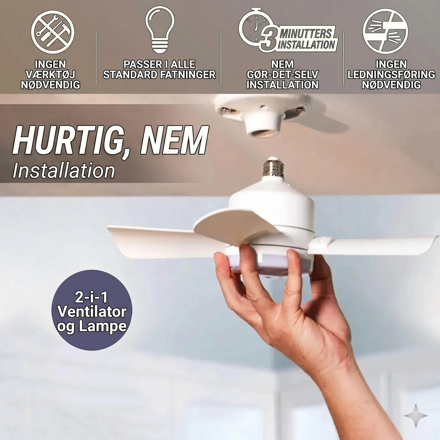 2-i-1 bærbar loftsvifte og lampe med fjernbetjening