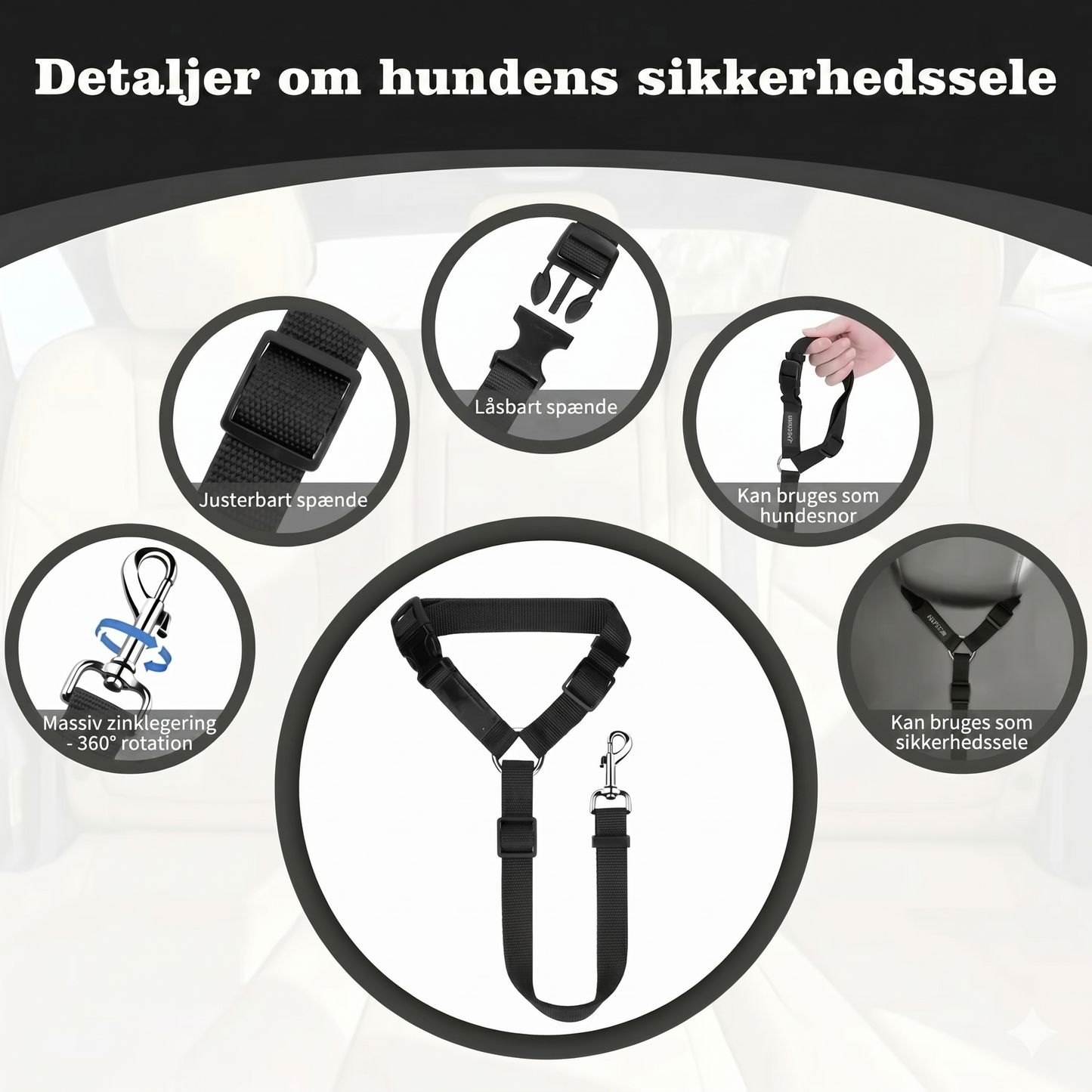 2-i-1 hundesikkerhedssele og hundesnor