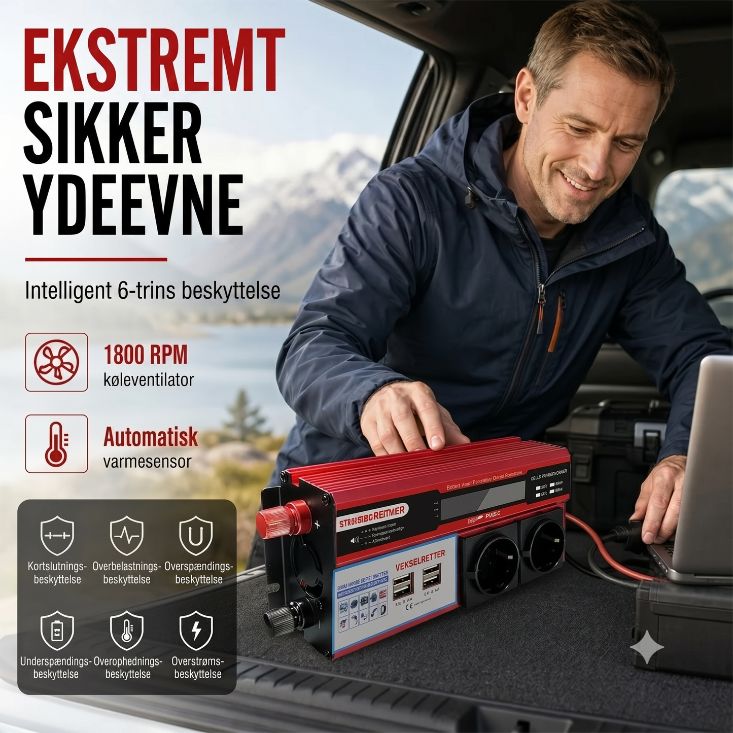 Bilinverter 12 V til 230 V