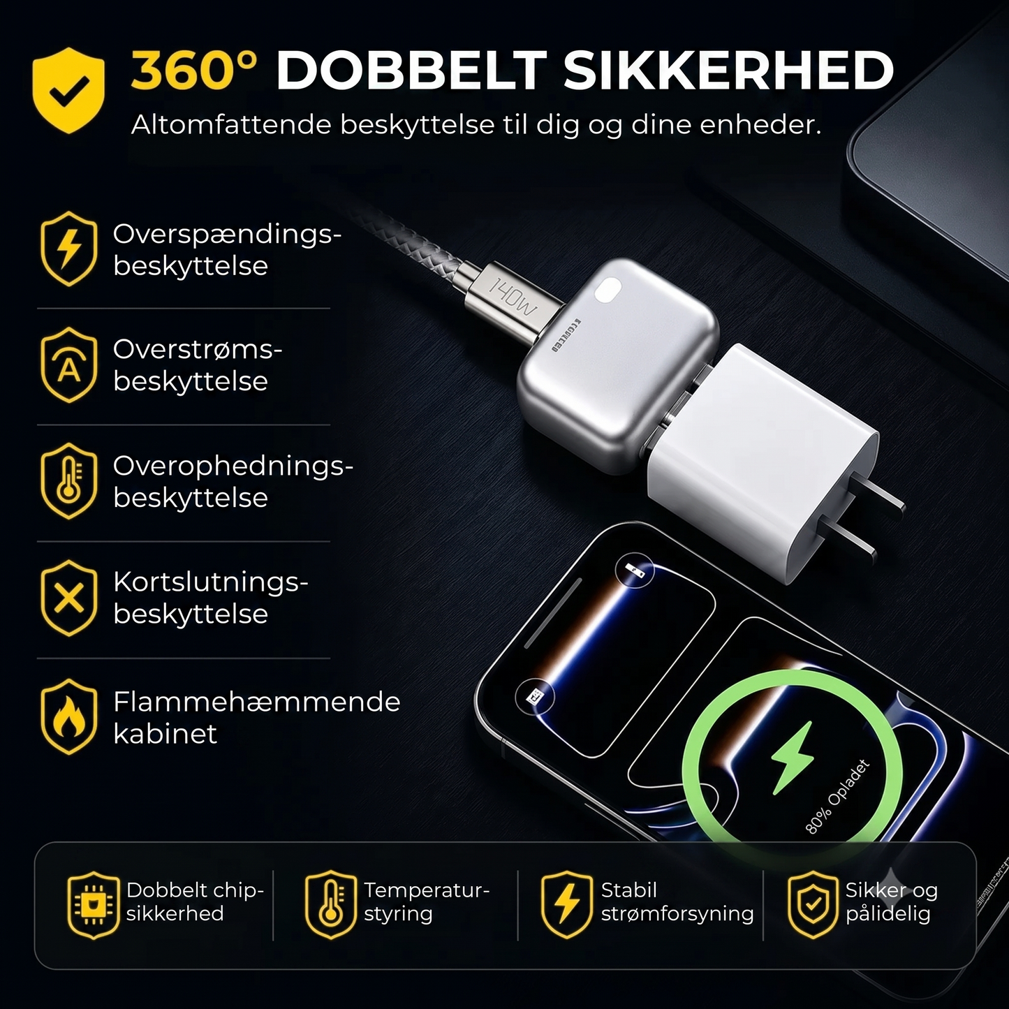 Opladerblok med automatisk slukning og overopladningsbeskyttelse