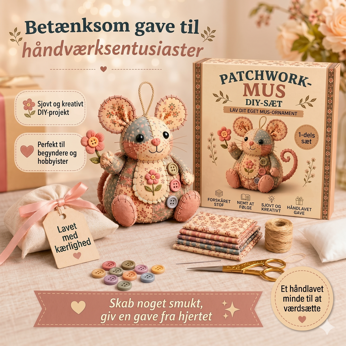 Komplet DIY-sæt til en patchwork-mus - Inklusive alle materialer