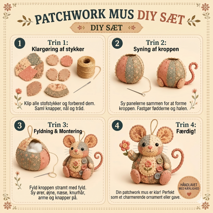 Komplet DIY-sæt til en patchwork-mus - Inklusive alle materialer