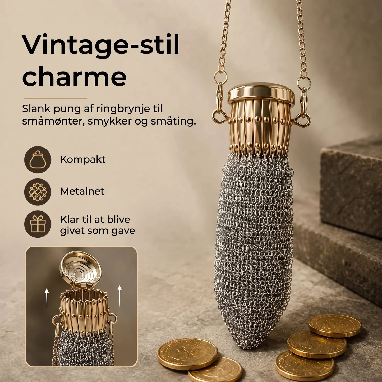Vintage møntpung i metalnet til småting