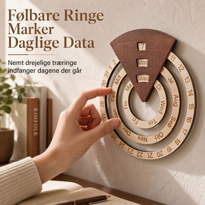Rund drejelig evighedskalender i træ