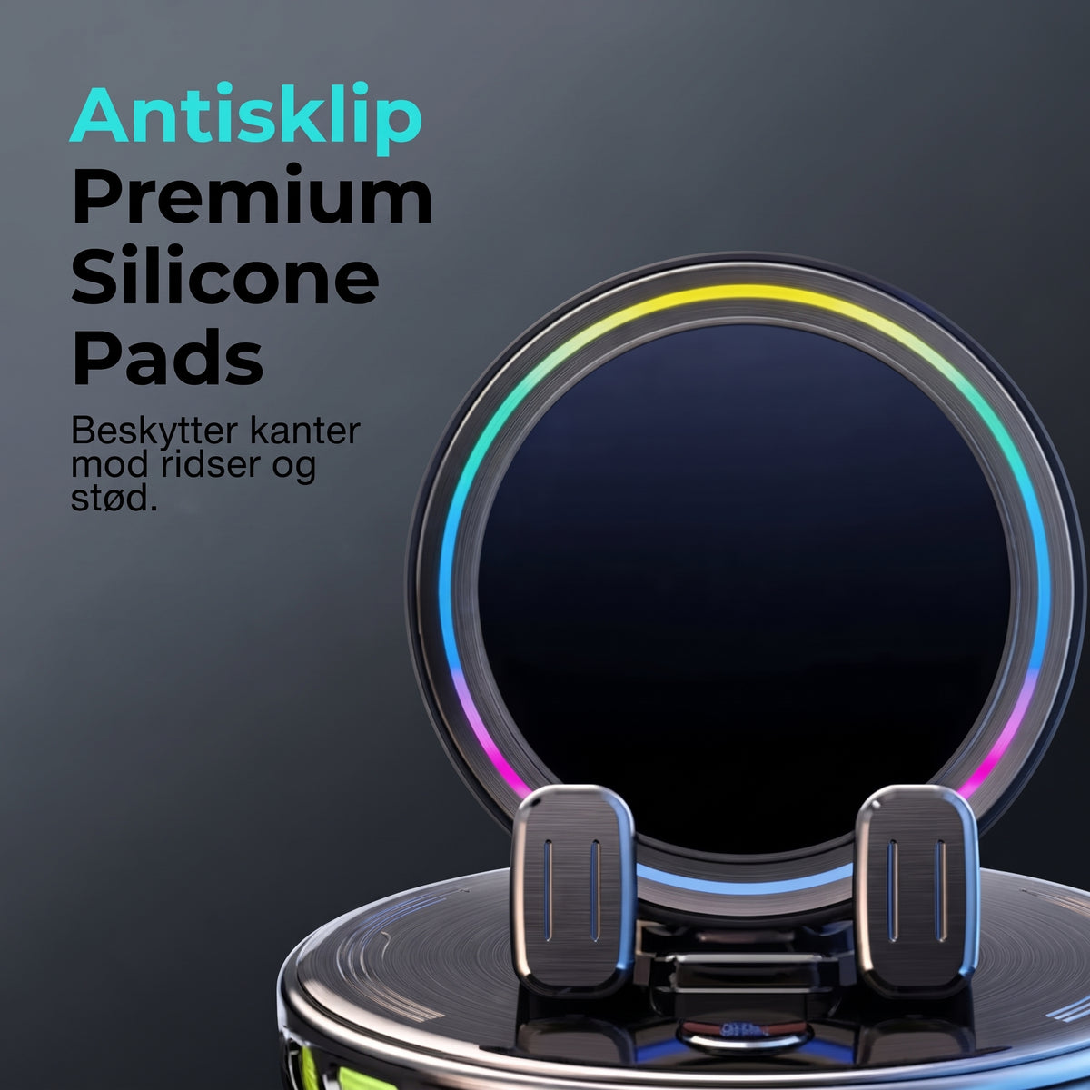 Mobilholder til bil med trådløs opladning, 360 graders rotation og RGB-belysning