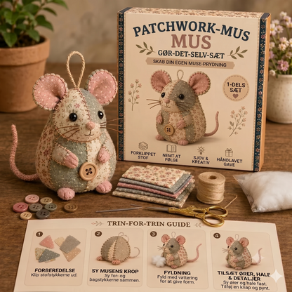 Komplet DIY-sæt til en patchwork-mus - Inklusive alle materialer