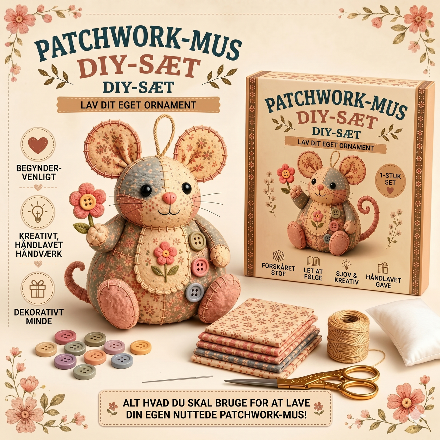 Komplet DIY-sæt til en patchwork-mus - Inklusive alle materialer