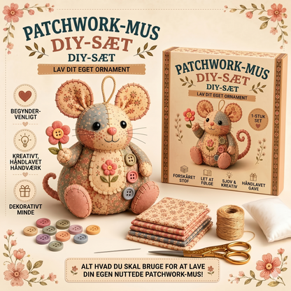 Komplet DIY-sæt til en patchwork-mus - Inklusive alle materialer