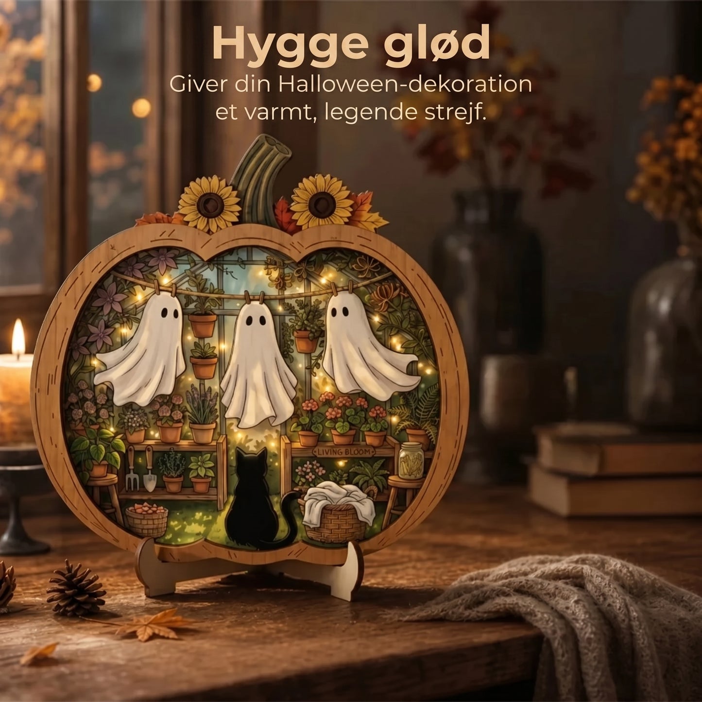 Halloween græskardekoration i træ med LED
